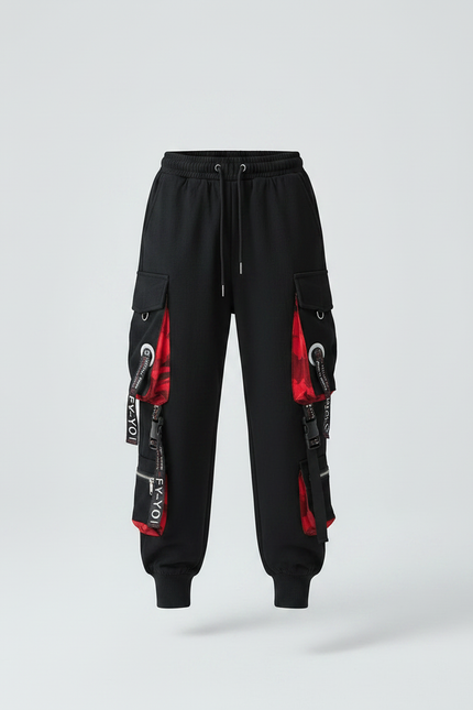 Pantalon Parachute Noir Cargo Rouge Techwear Ample - Molleton - vue 3