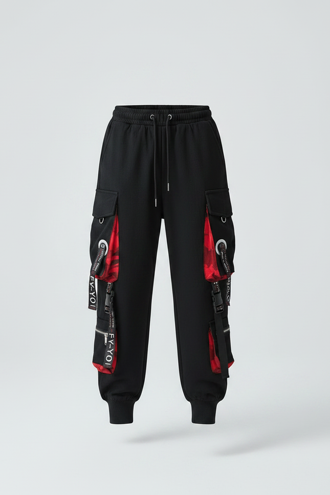 Pantalon Parachute Noir Cargo Rouge Techwear Ample - Molleton - vue 3