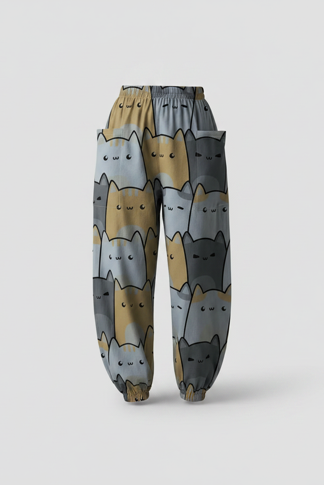 Pantalon Parachute Chat Imprimé Ample Décontracté Poches - Viscose - vue 3