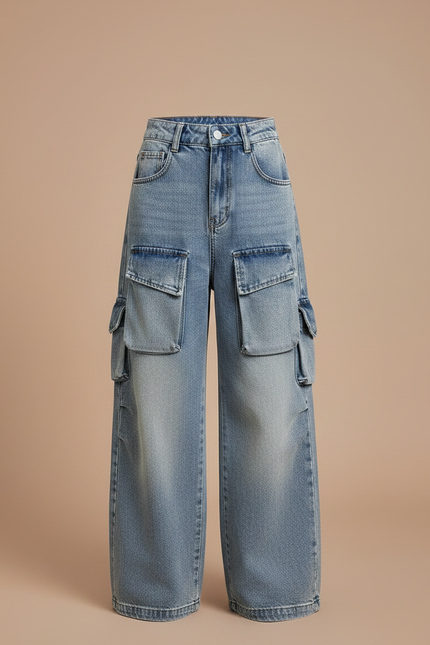 Pantalon Parachute Jean Ample Multi-Poches Fille Décontracté - Bleu - vue 3