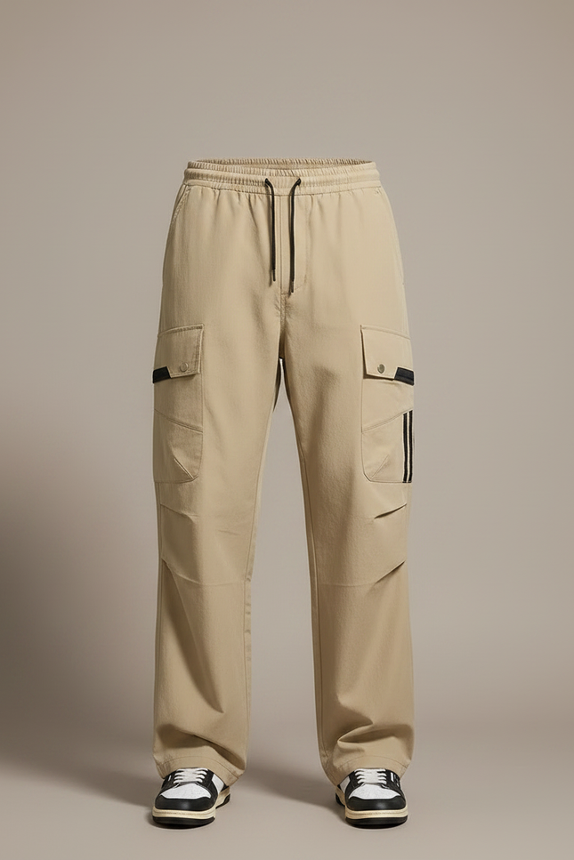 Pantalon Parachute Beige Cargo Ample Multipoches Homme - Toile - vue 3