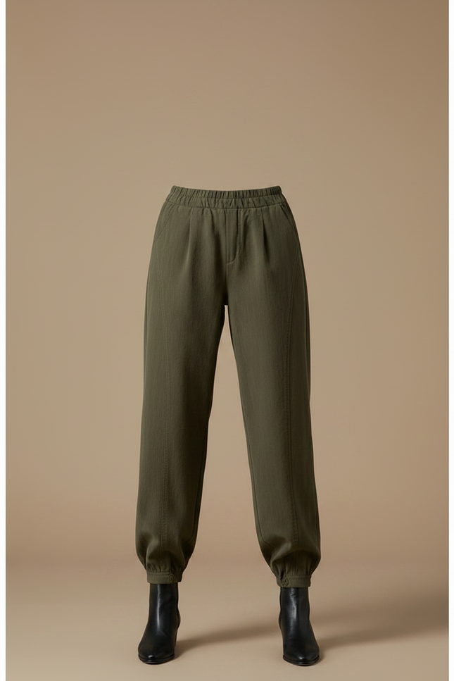 Pantalon Parachute Vert Ample Fluide Taille Élastique Femme - Kaki Viscose - vue 3