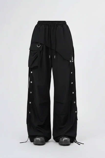 Pantalon Parachute Noir Cargo Ample Femme Rubans - Polyester - vue 3