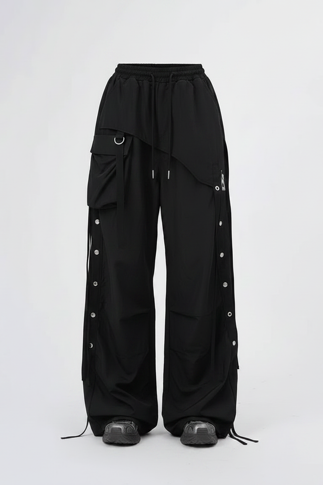 Pantalon Parachute Noir Cargo Ample Femme Rubans - Polyester - vue 3