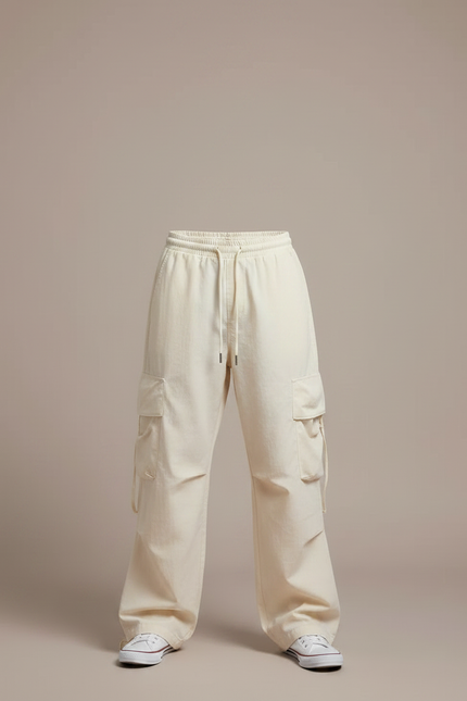 Pantalon Parachute Beige Ample Cargo Cordon Unisexe - Coton - vue 3