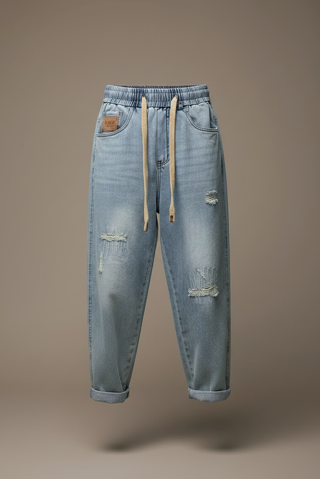 Pantalon Parachute Homme Denim Ample Délavé Déchiré Cordon - Bleu Jean - vue 3