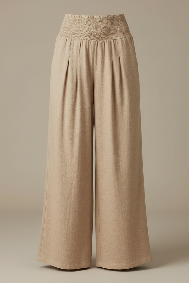 Pantalon Parachute Beige Ample Smocké Lin Femme - vue 3