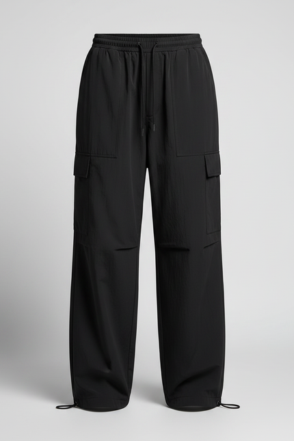 Pantalon Parachute Noir Ample Fluide Décontracté Femme Cordon - Polyester - vue 3