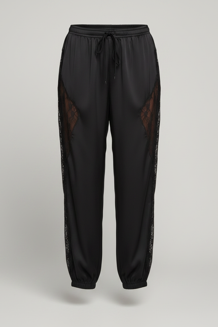 Pantalon Parachute Noir Satiné Dentelle Fluide Élégant - vue 3