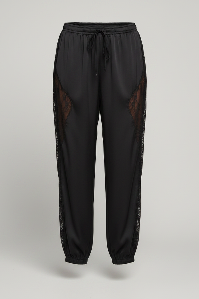 Pantalon Parachute Noir Satiné Dentelle Fluide Élégant - vue 3