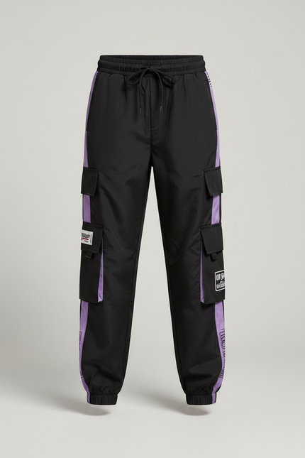 Pantalon Parachute Noir Violet Cargo Ample Sportif - Polyester - vue 3