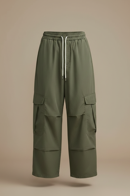 Pantalon Parachute Vert Cargo Ample Homme Décontracté - Kaki Polyester - vue 3