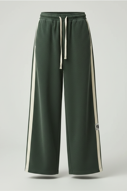 Pantalon Parachute Vert Cordon Large Bandes Crème - Cordé - vue 3