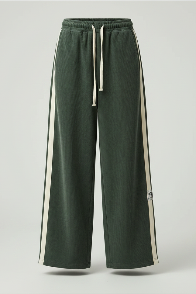Pantalon Parachute Vert Cordon Large Bandes Crème - Cordé - vue 3