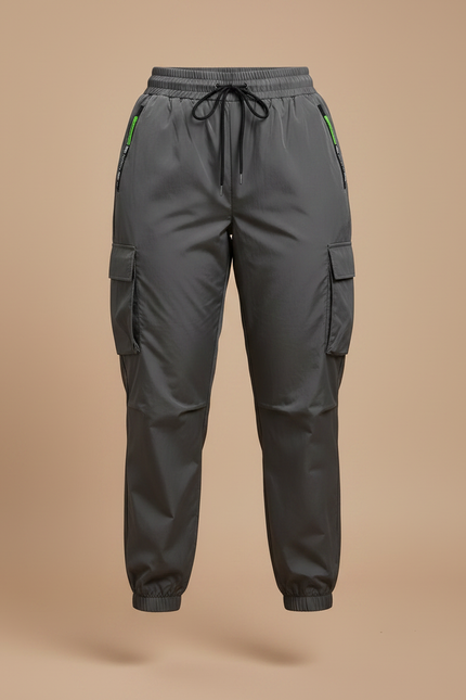 Pantalon Parachute Gris Femme Ample Cargo Cordon - Polyester - vue 3