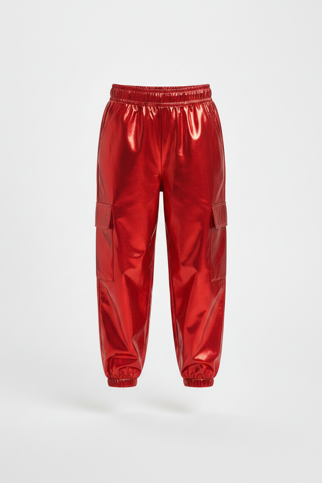 Pantalon Parachute Rouge Métallique Cargo Brillant Enfant - Polyester - vue 3