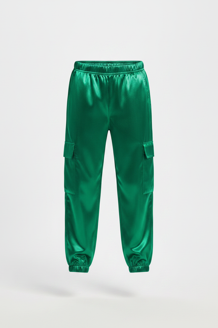 Pantalon Parachute Vert Satiné Cargo Ample Enfant - vue 3