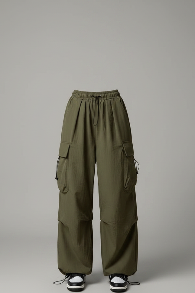 Pantalon Parachute Kaki Ample Cargo Cordon Streetwear - Polyester - vue 3