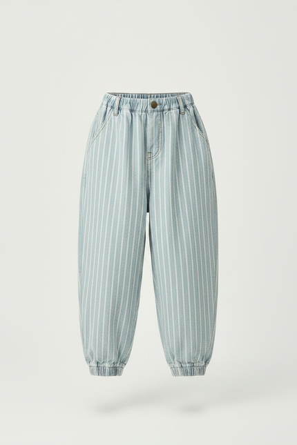 Pantalon Parachute Rayé Bleu Ciel Ample Décontracté - Jean - vue 3