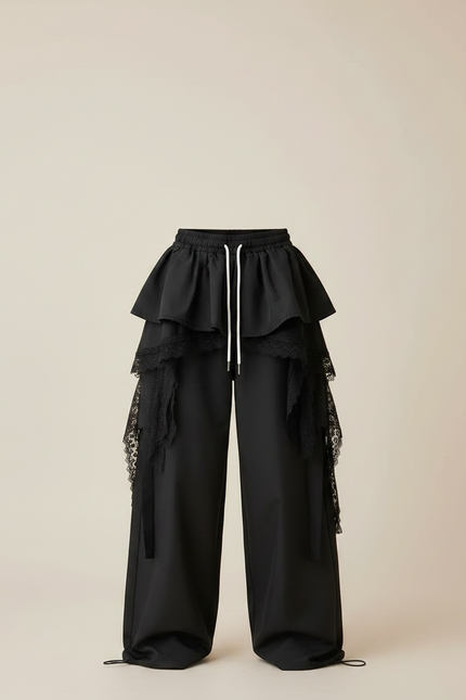 Pantalon Parachute Noir Ample Dentelle Volants Unisexe - Polyester - vue 3