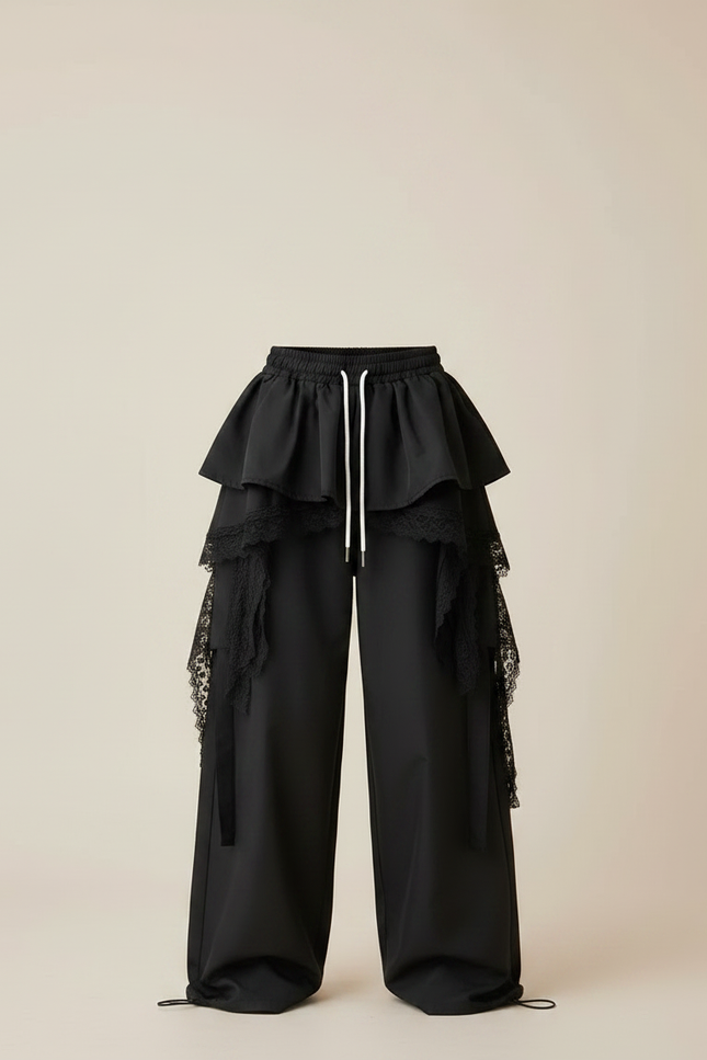 Pantalon Parachute Noir Ample Dentelle Volants Unisexe - Polyester - vue 3