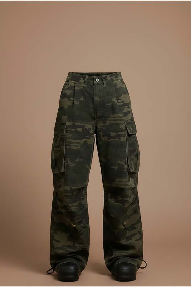 Pantalon Parachute Camouflage Cargo Ample Femme - Kaki Toile - vue 3