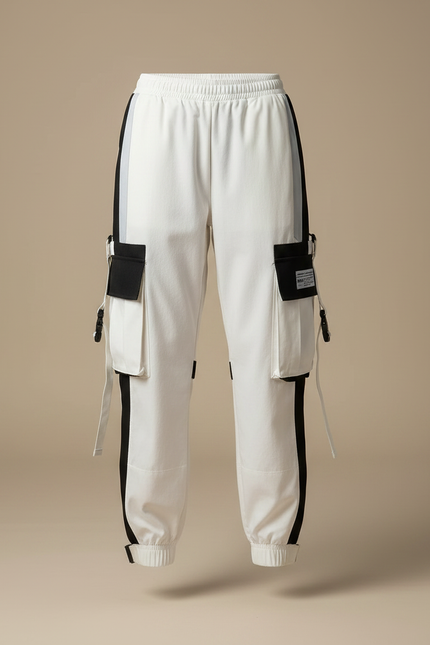 Pantalon Parachute Blanc Cargo Bicolore Femme Ample Techwear - Polyester - vue 3