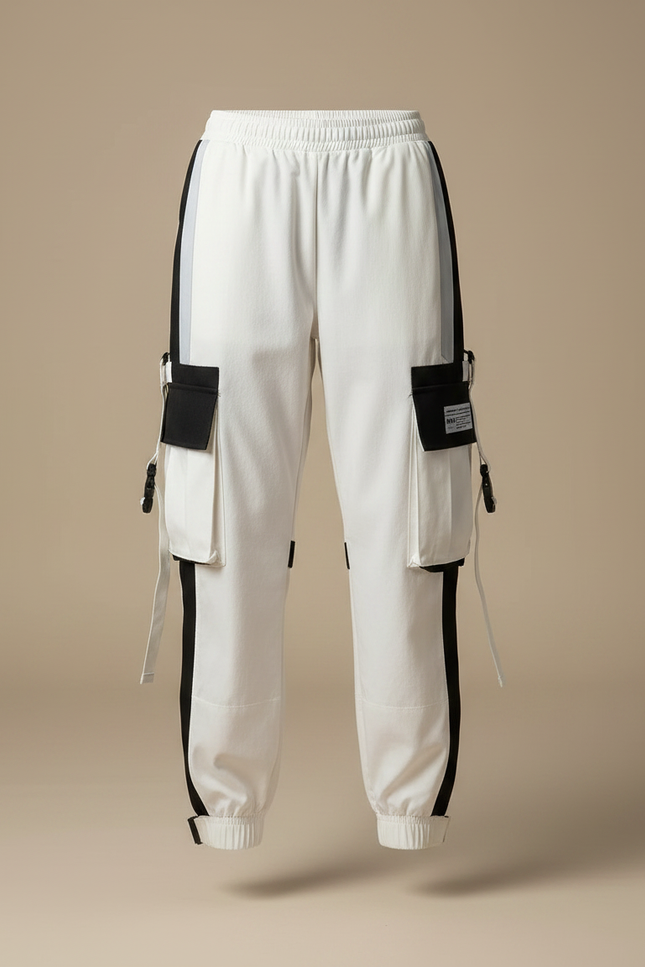 Pantalon Parachute Blanc Cargo Bicolore Femme Ample Techwear - Polyester - vue 3