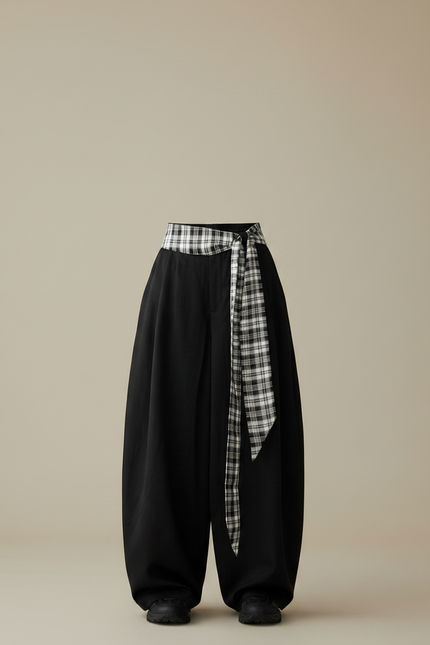 Pantalon Parachute Noir Ample Plaid Décontracté Femme - Viscose - vue 3