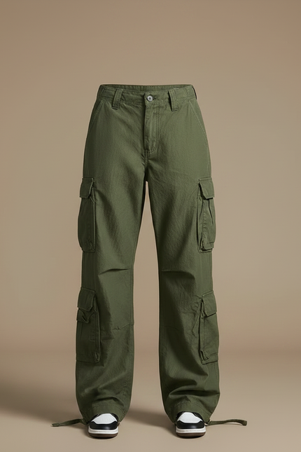 Pantalon Parachute Vert Ample Cargo Femme Streetwear - Kaki Toile - vue 3