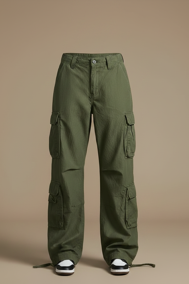 Pantalon Parachute Vert Ample Cargo Femme Streetwear - Kaki Toile - vue 3