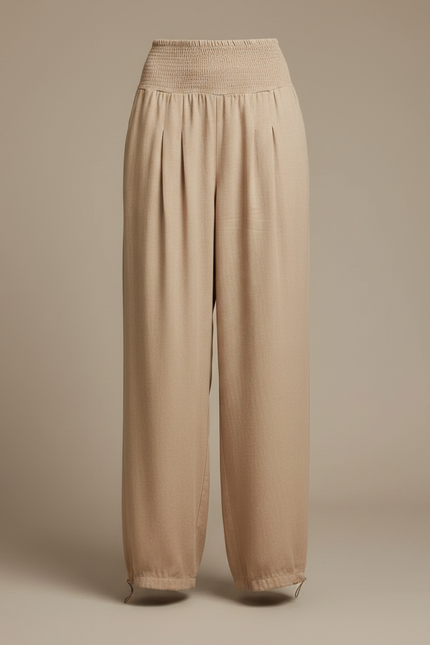 Pantalon Parachute Beige Ample Lin Smocké Plissé Femme - vue 3