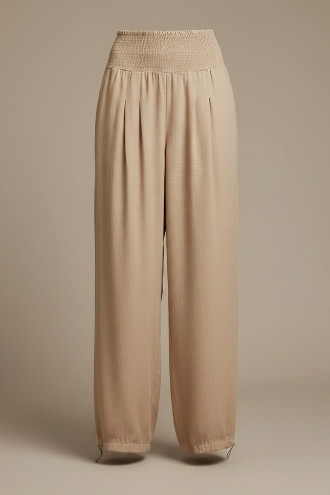 Pantalon Parachute Beige Ample Lin Smocké Plissé Femme - vue 3