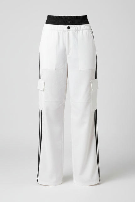 Pantalon Parachute Blanc Cargo Bandes Latérales Ample Femme - Coton - vue 3