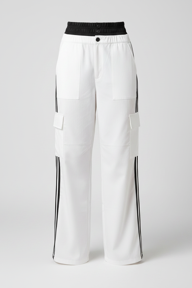 Pantalon Parachute Blanc Cargo Bandes Latérales Ample Femme - Coton - vue 3