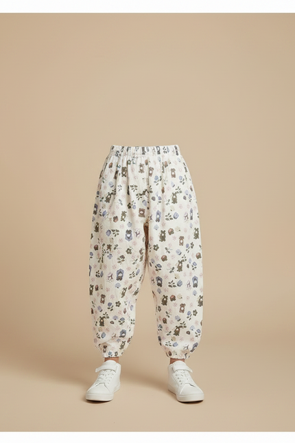 Pantalon Parachute Crème Ample Fleuri Ours Coton Enfant - Beige - vue 3
