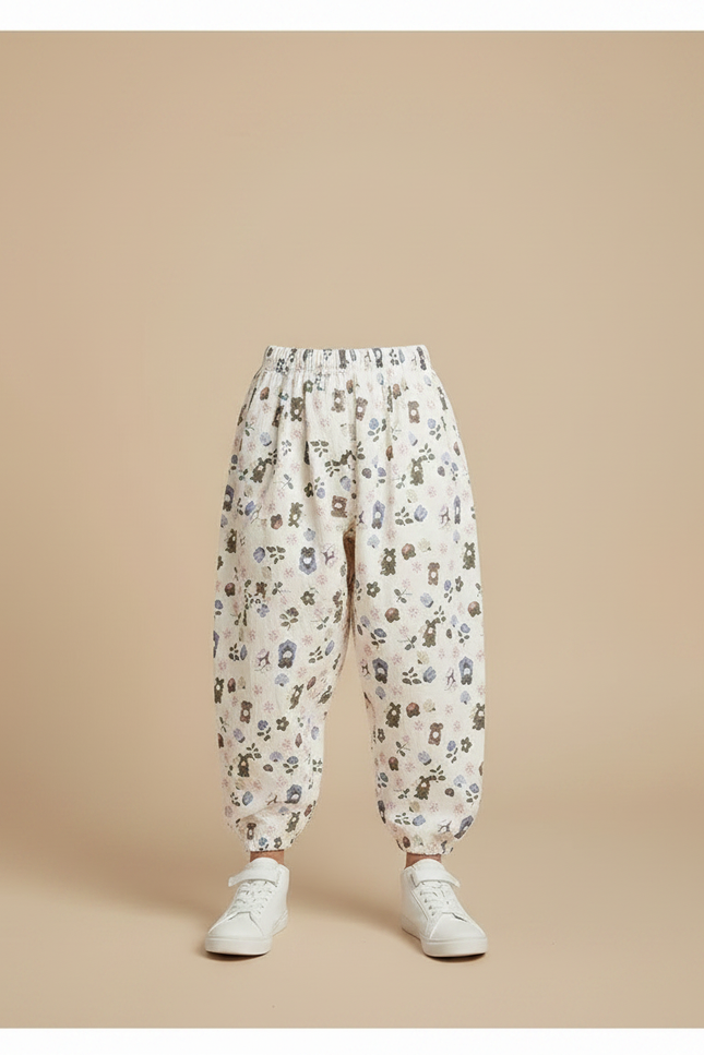 Pantalon Parachute Crème Ample Fleuri Ours Coton Enfant - Beige - vue 3