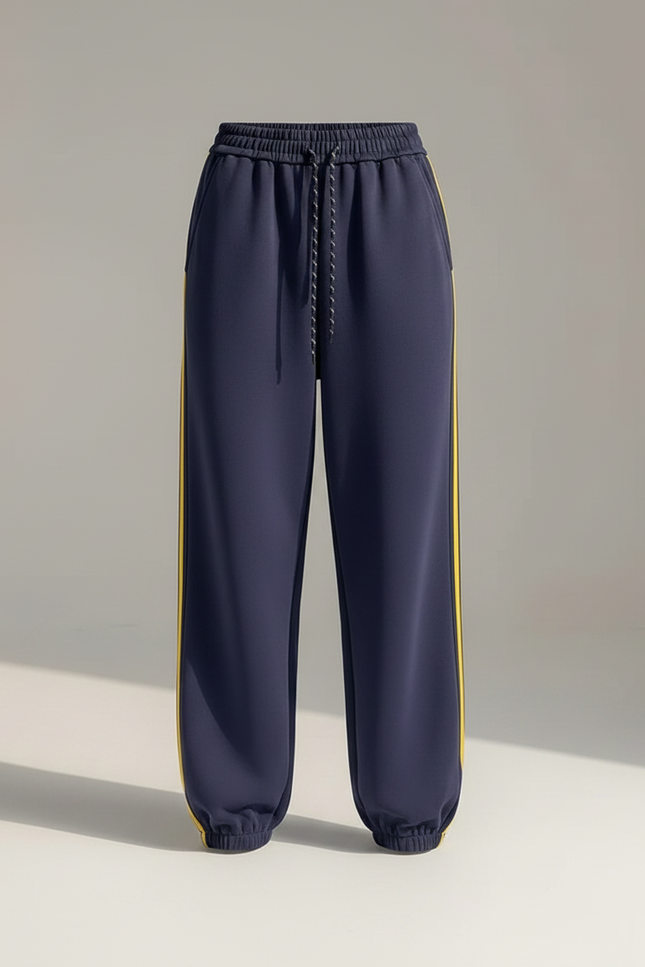 Pantalon Parachute Large Bleu Marine Rayures Jaunes Sportif - Molleton - vue 3