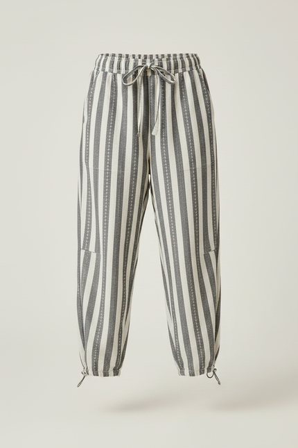Pantalon Parachute Rayé Ample Cordon Décontracté Lin - Gris - vue 3