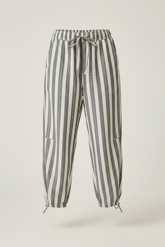 Pantalon Parachute Rayé Ample Cordon Décontracté Lin - Gris - vue 3