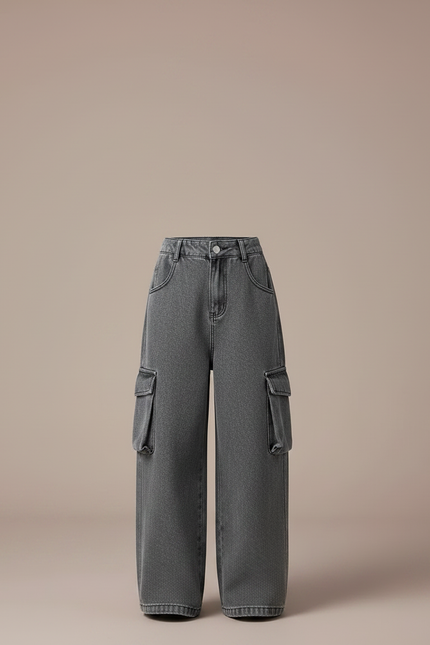 Pantalon Parachute Cargo Denim Gris Ample Fille - Jean - vue 3