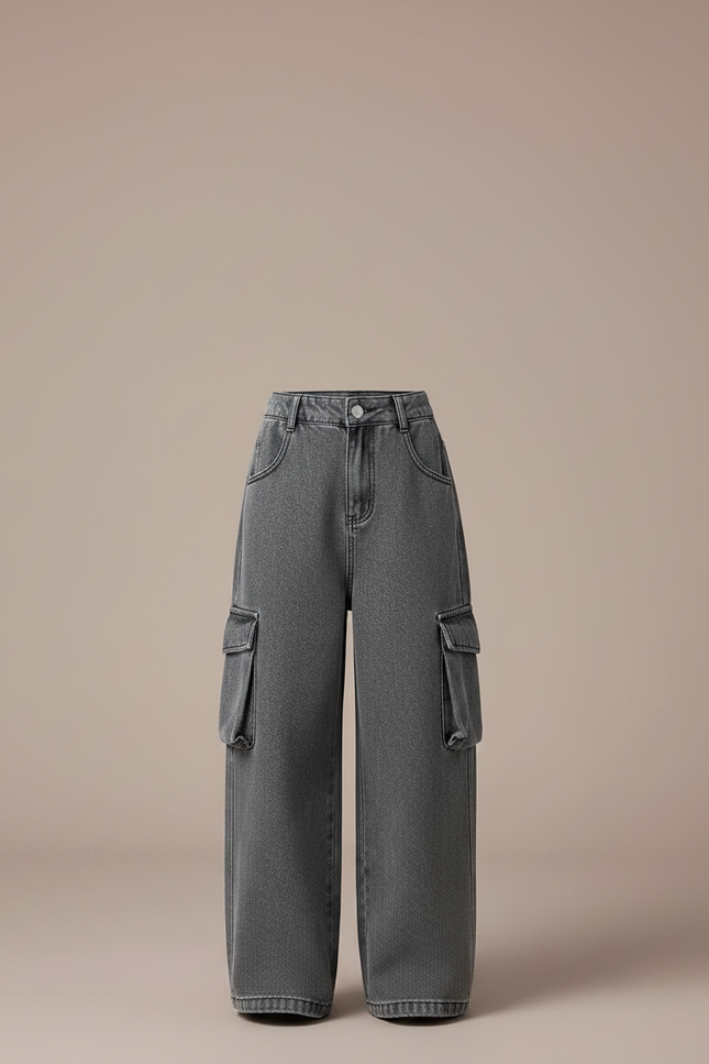 Pantalon Parachute Cargo Denim Gris Ample Fille - Jean - vue 3