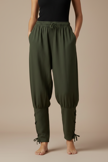 Pantalon Parachute Kaki Ample Cordon Lacets Femme Coton - vue 3
