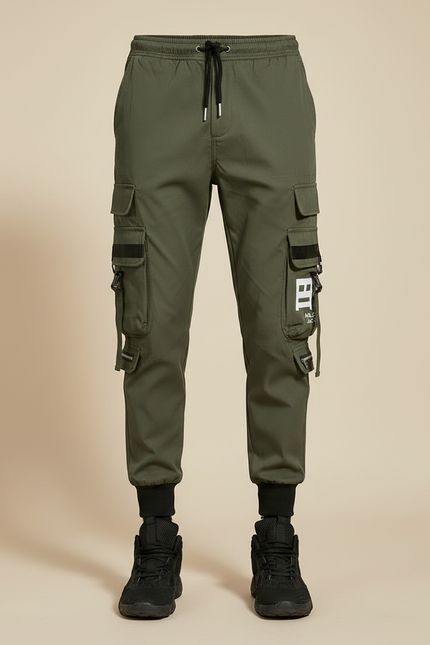 Pantalon Parachute Kaki Cargo Imprimé Cordon Jogger Streetwear - Polyester - vue 3