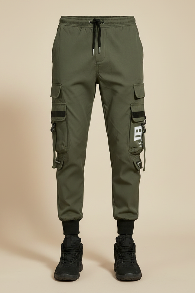Pantalon Parachute Kaki Cargo Imprimé Cordon Jogger Streetwear - Polyester - vue 3