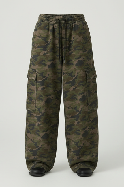 Pantalon Parachute Camouflage Ample Cargo Fille Décontracté - Kaki Molleton - vue 3