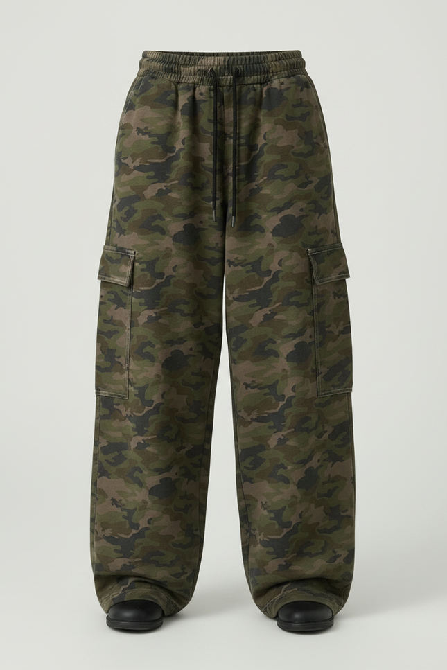 Pantalon Parachute Camouflage Ample Cargo Fille Décontracté - Kaki Molleton - vue 3