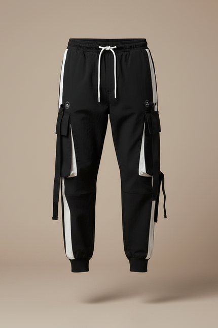 Pantalon Parachute Noir Blanc Cargo Streetwear Homme - Polyester - vue 3