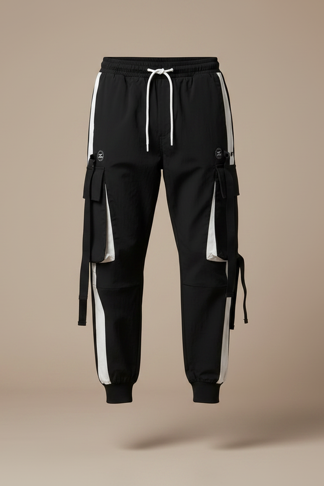 Pantalon Parachute Noir Blanc Cargo Streetwear Homme - Polyester - vue 3