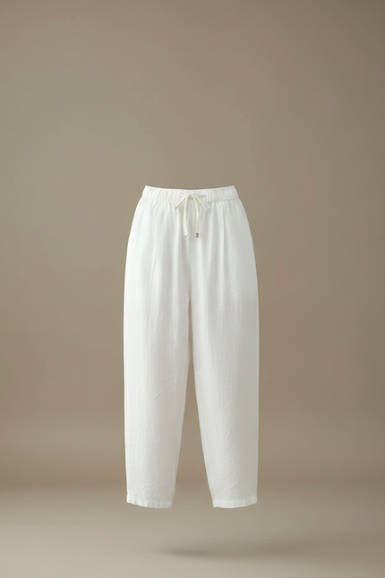 Pantalon Parachute Blanc Lin Ample Taille Haute Décontracté - vue 3